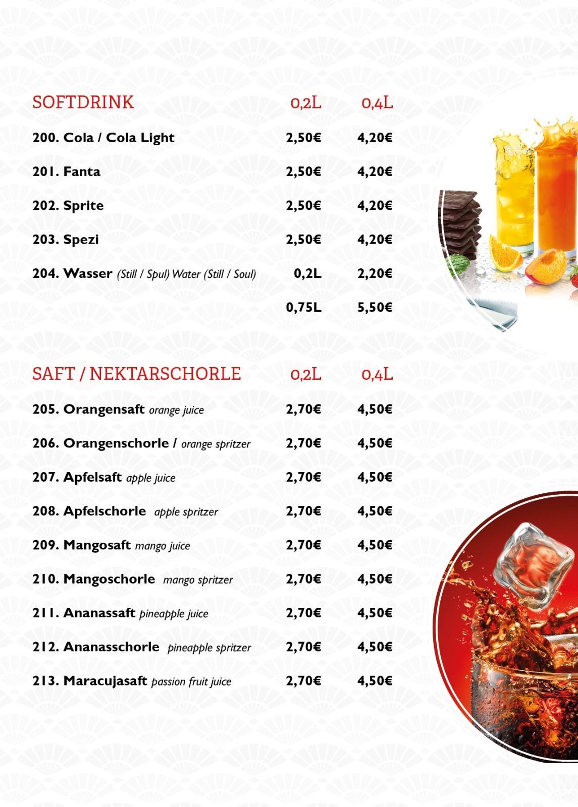 Speisekarte Seite 7: Softdrinks und Säfte